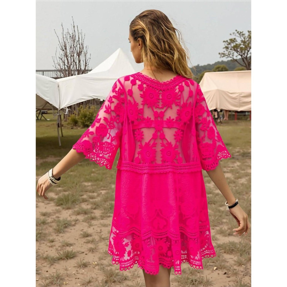 Eomenie Lace Bathing Suit Cover Up Women OS Hot Pink Plunging V Neck Beach Dress - Picture 12 of 12